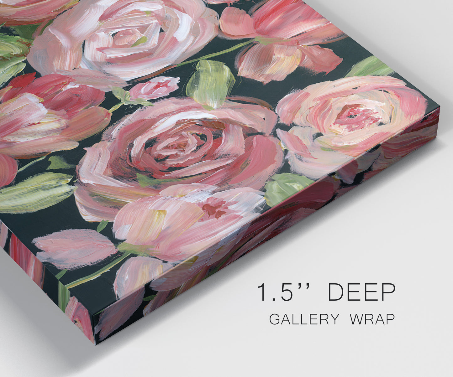 Close-up view of wrapped canvas corner featuring bold red floral abstraction.