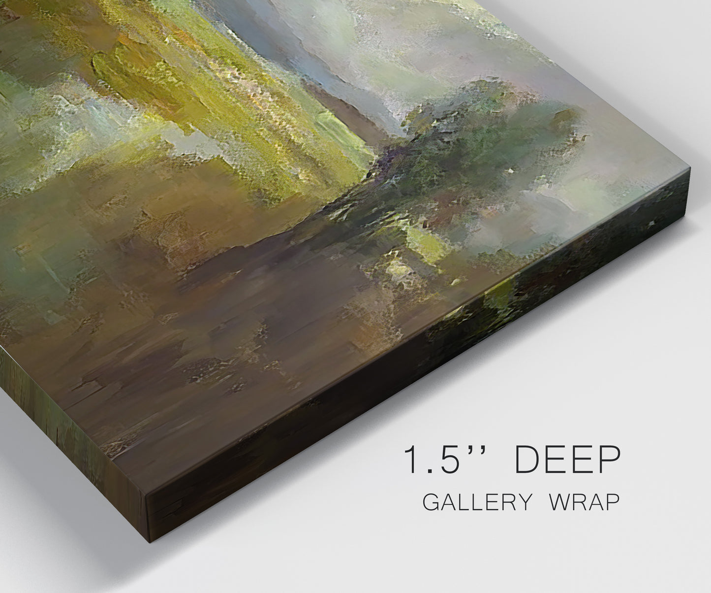 Close-up view of wrapped canvas corner featuring winding rural road through countryside.