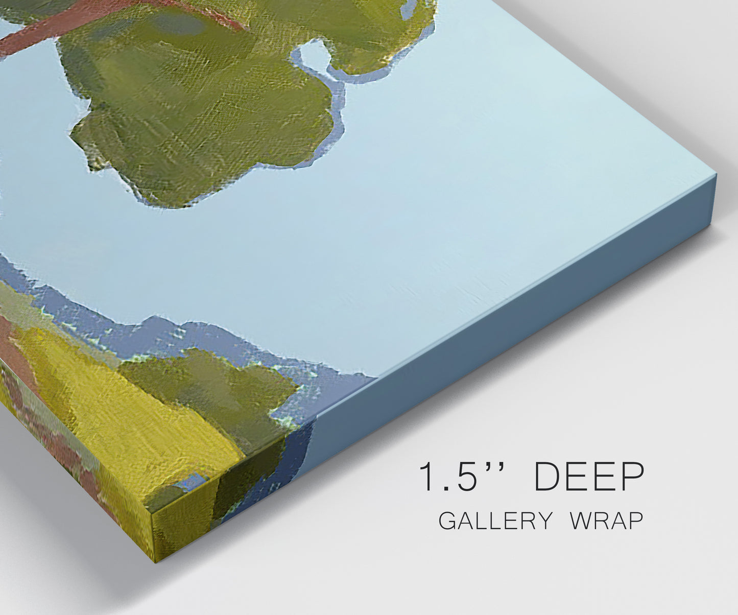 Close-up view of wrapped canvas corner featuring sunlit public park landscape view.