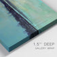 Close-up view of wrapped canvas corner featuring calm harbor water with glowing horizon.