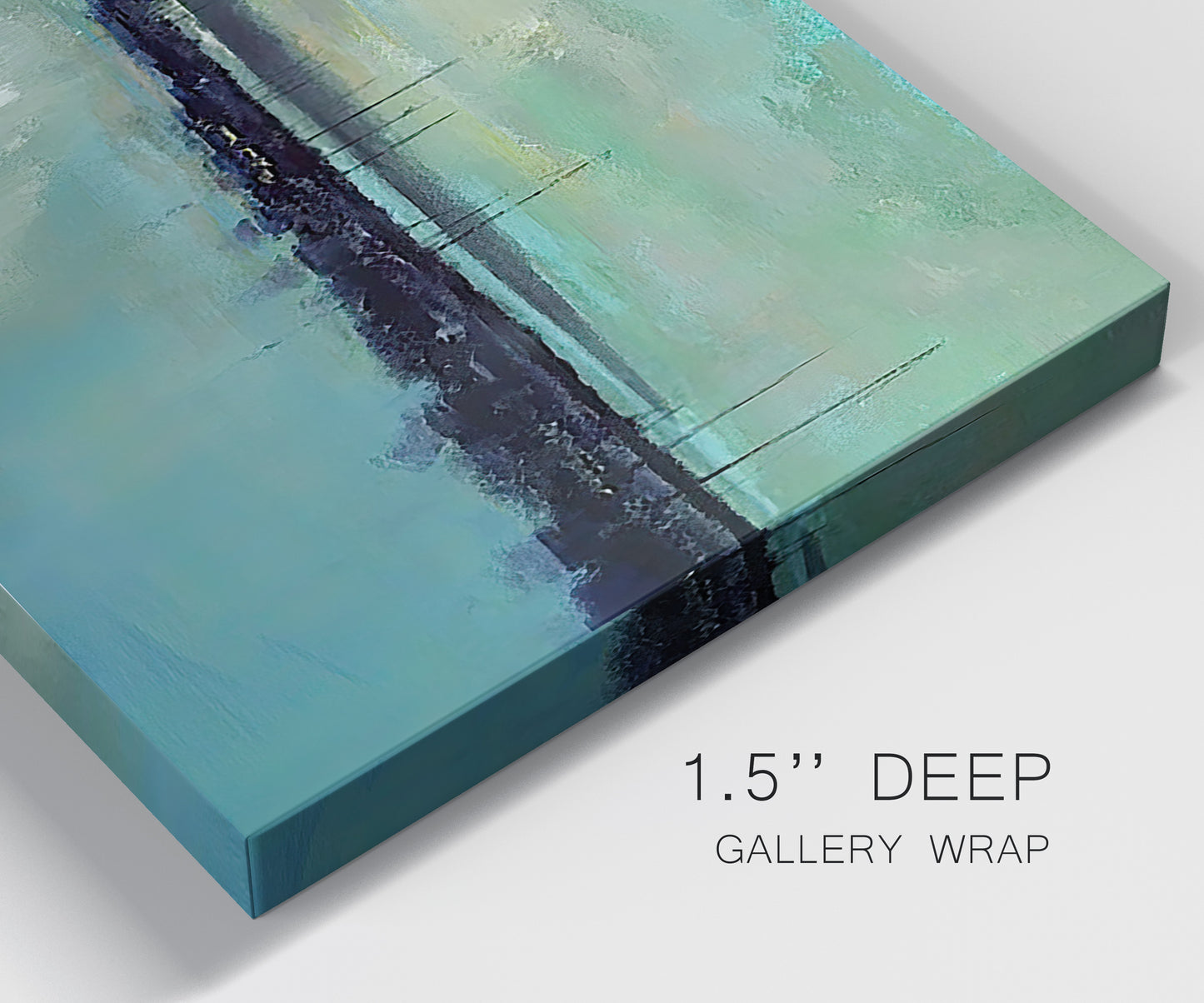 Close-up view of wrapped canvas corner featuring calm harbor water with glowing horizon.