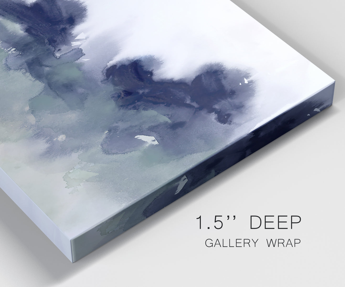Close-up view of wrapped canvas corner featuring misty abstract lake watercolor.
