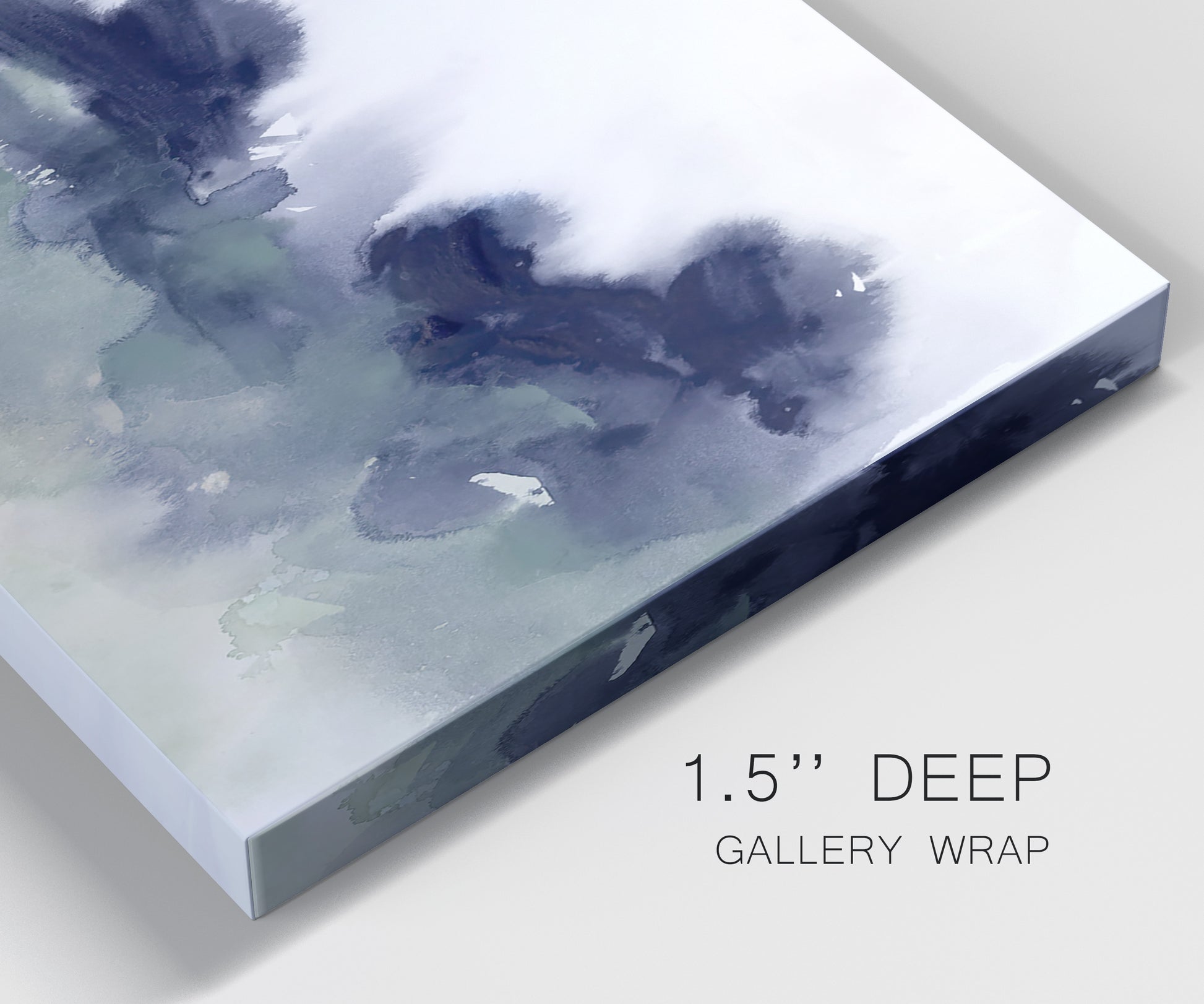Close-up view of wrapped canvas corner featuring misty abstract lake watercolor.