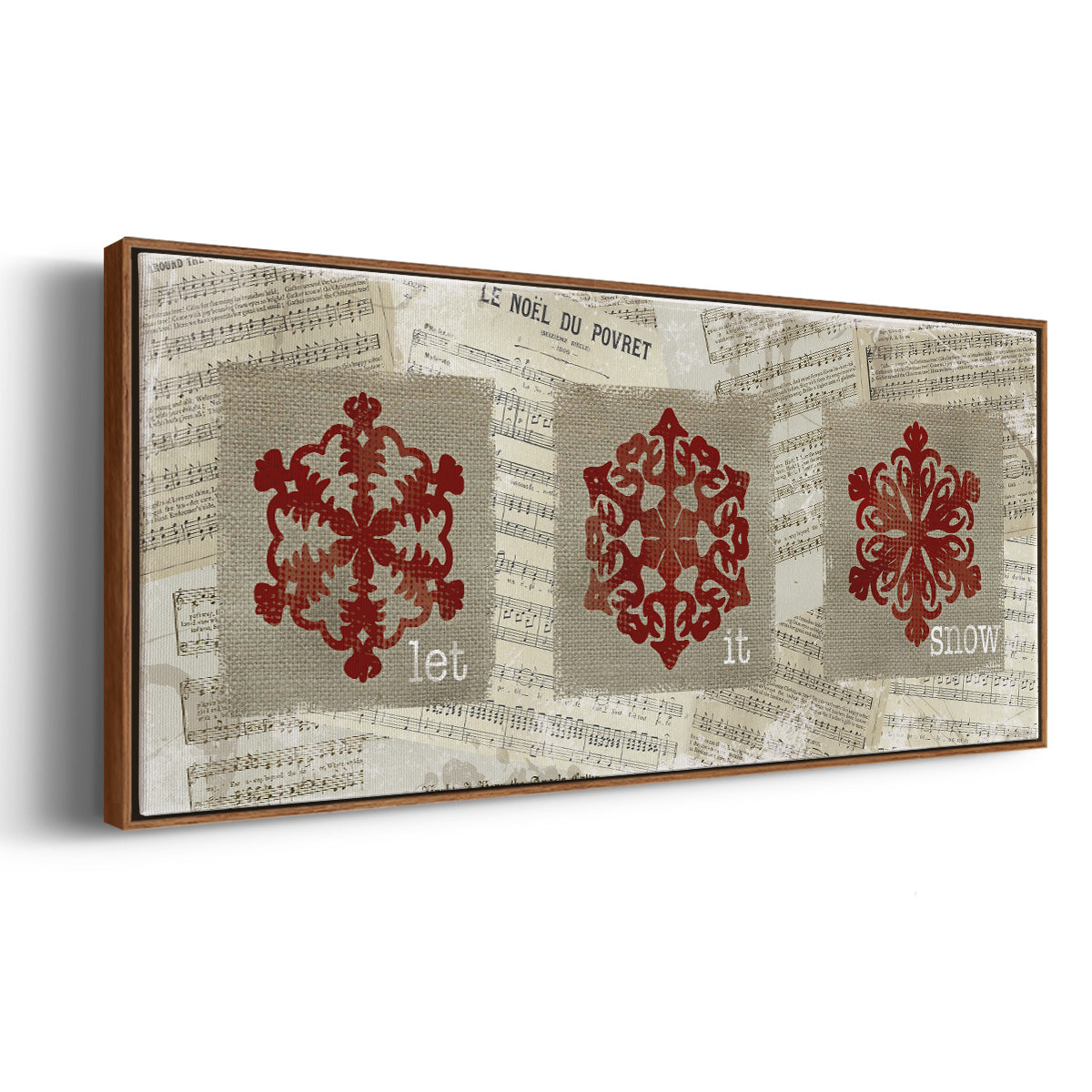 Burlap Music Snowflakes - Floater Framed Canvas Print