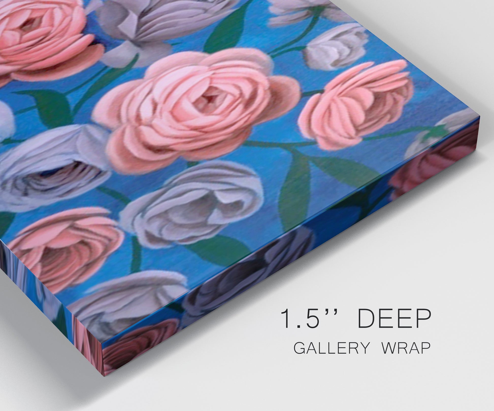 Close-up view of wrapped canvas corner featuring layered botanical petal abstractions.