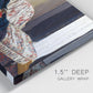 Close-up view of wrapped canvas corner featuring woman resting on sofa indoors.