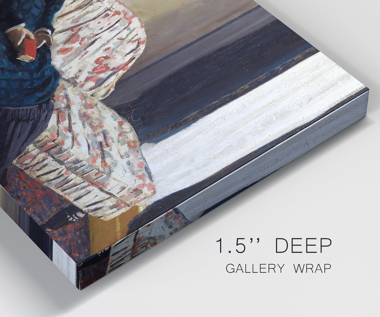 Close-up view of wrapped canvas corner featuring woman resting on sofa indoors.
