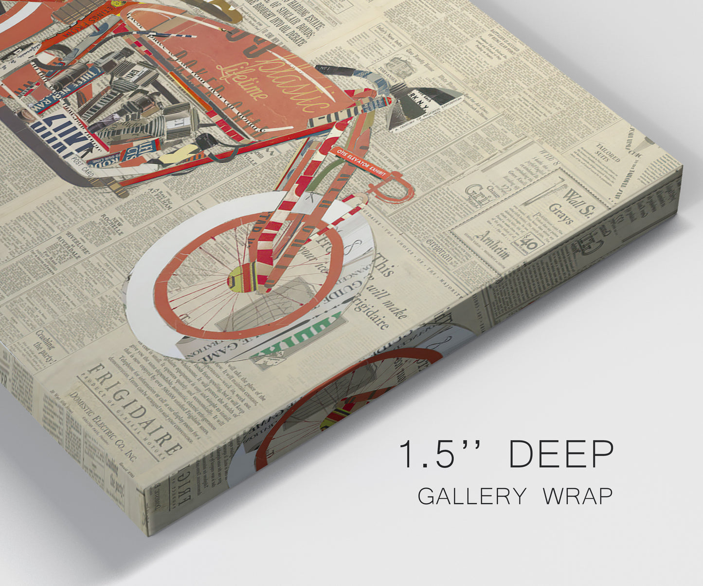 Close-up view of wrapped canvas corner featuring vintage red vehicle collage detail.