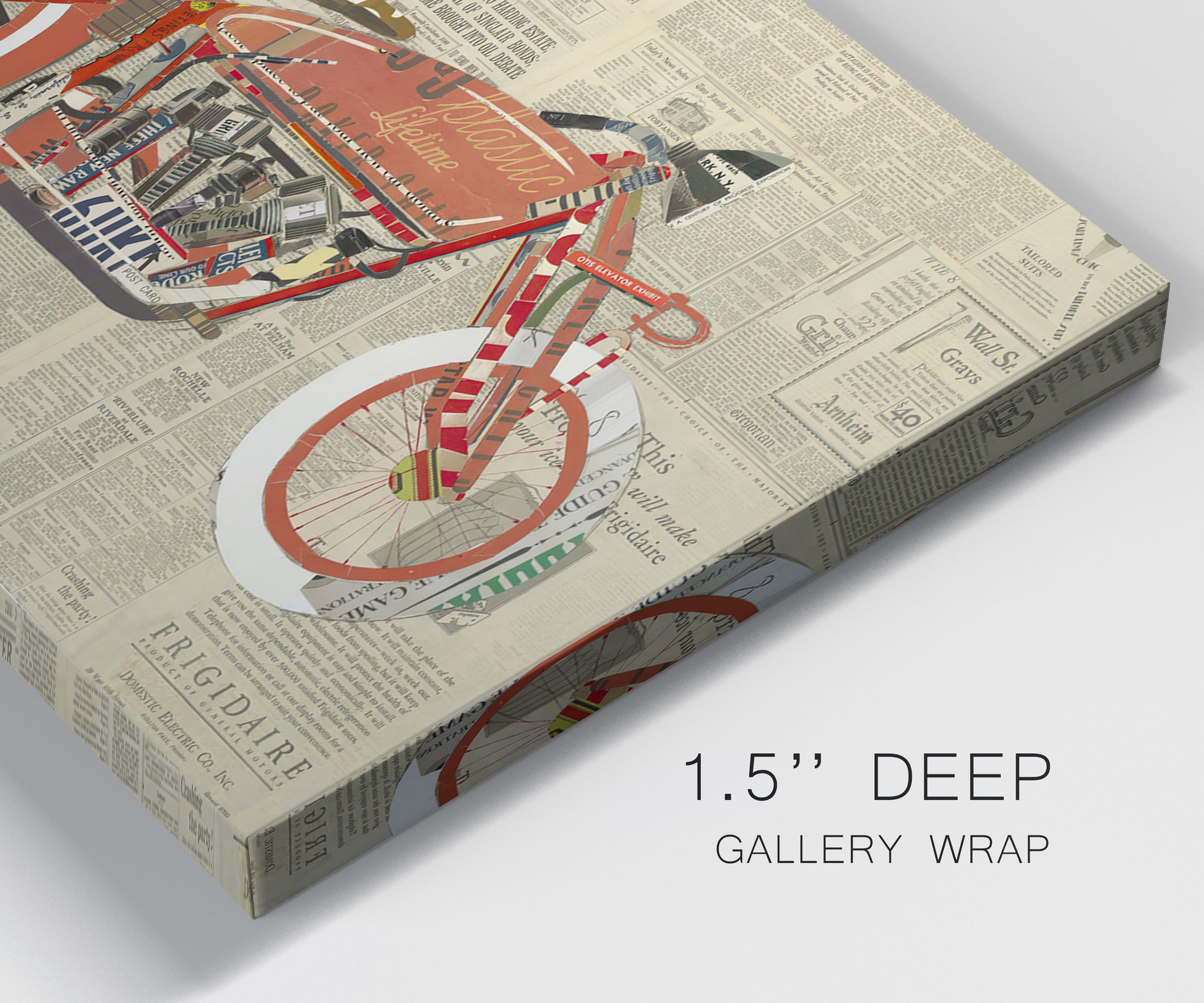 Close-up view of wrapped canvas corner featuring vintage red vehicle collage detail.