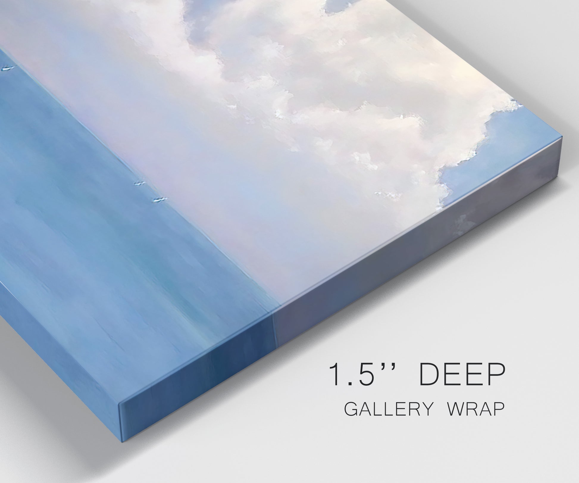 Close-up view of wrapped canvas corner featuring coastal shoreline with distant horizon.