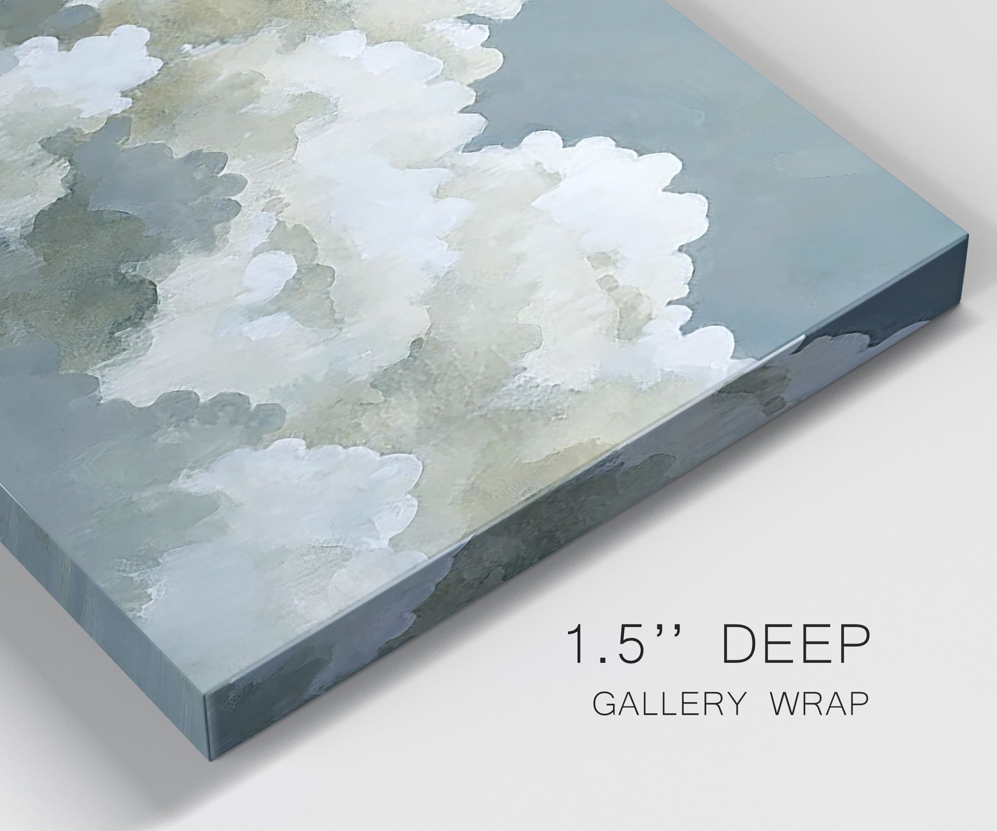 Close-up view of wrapped canvas corner featuring abstract evening landscape with depth.