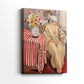 Side view of a canvas art print of a stylized composition with strong pattern and soft figure, showing gallery-wrapped depth.