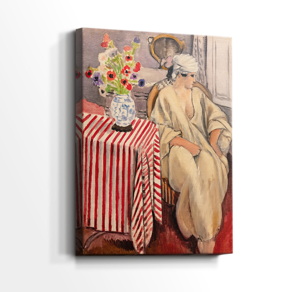 Side view of a canvas art print of a stylized composition with strong pattern and soft figure, showing gallery-wrapped depth.