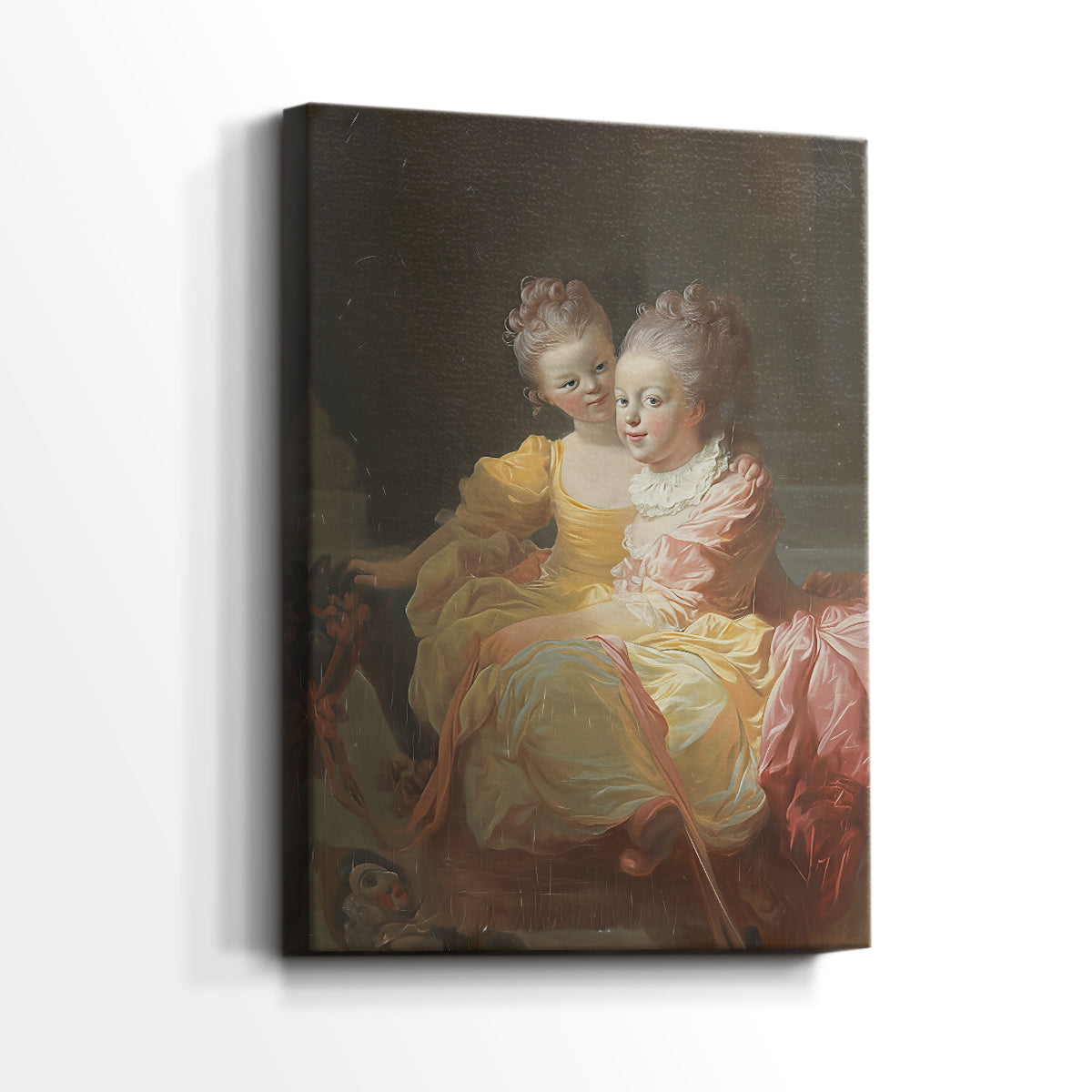 Side view of a canvas art print of a calm composition with two figures and pastel color, showing gallery-wrapped depth.