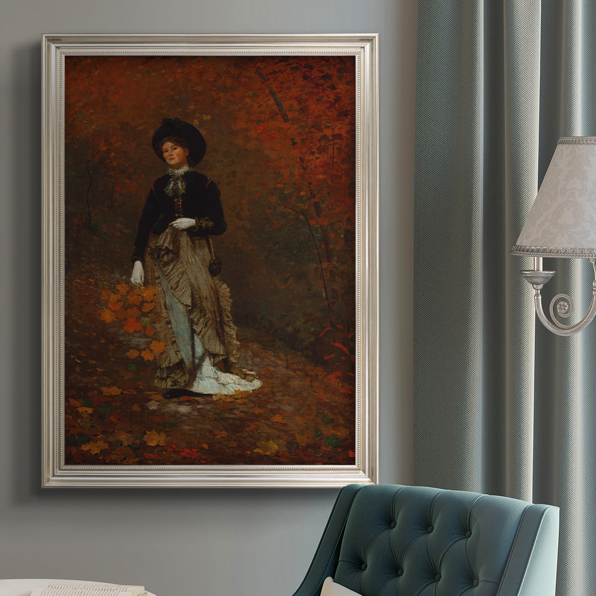 Realist autumn portrait scene by Winslow Homer in an {frame_style_descriptor} displayed in a neutral interior setting.