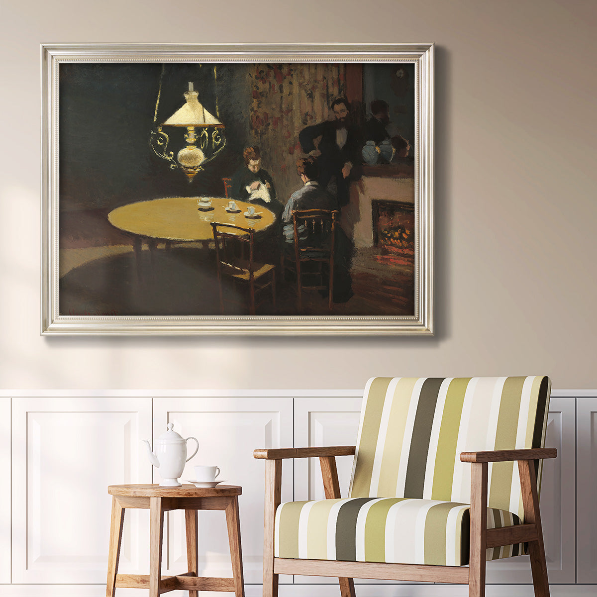 Impressionist domestic interior scene by Claude Monet in an ornate champagne frame displayed in a light-toned interior setting.