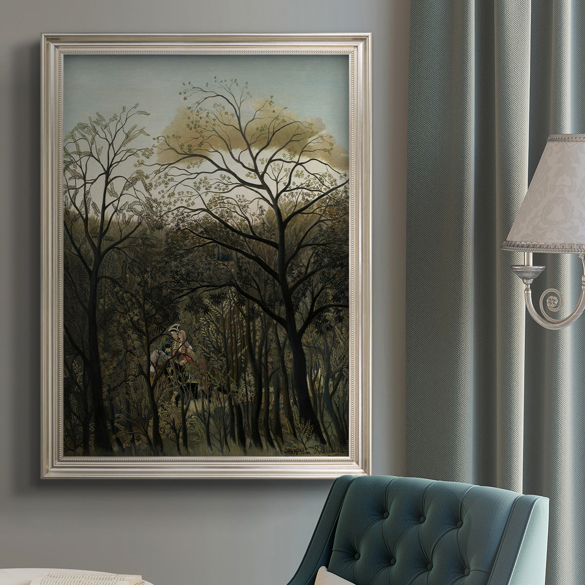 Dreamlike forest landscape scene by Henri Rousseau in an {frame_style_descriptor} displayed in a neutral interior setting.
