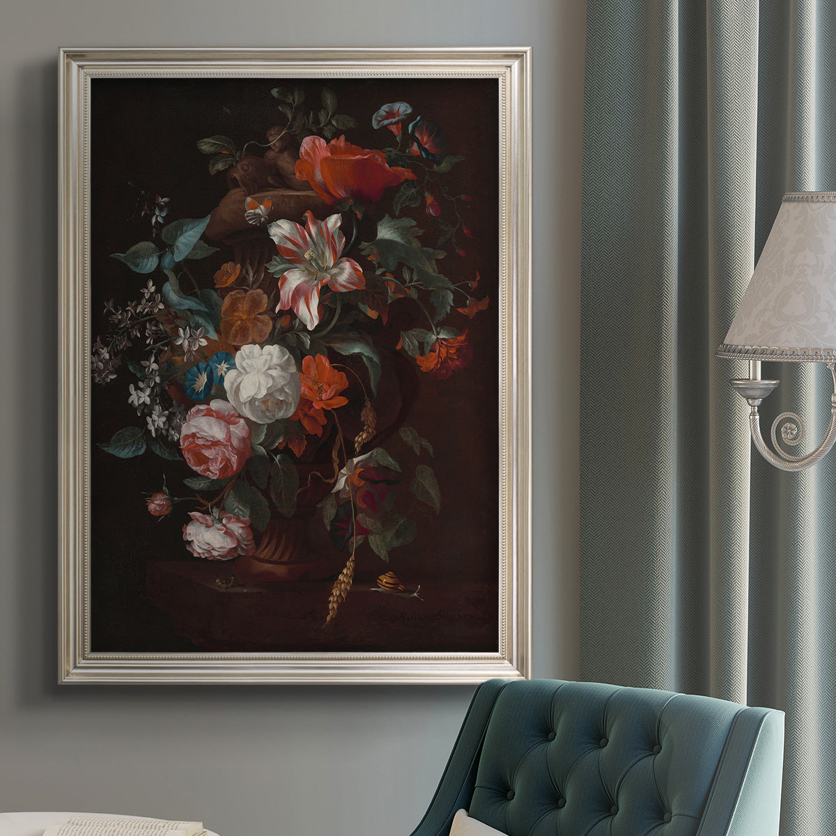 Classical floral still life painting by Jan van Huysum in an {frame_style_descriptor} displayed in a neutral interior setting.
