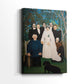 Side view of a canvas art print of a stylized group portrait with decorative greenery, showing gallery-wrapped depth.