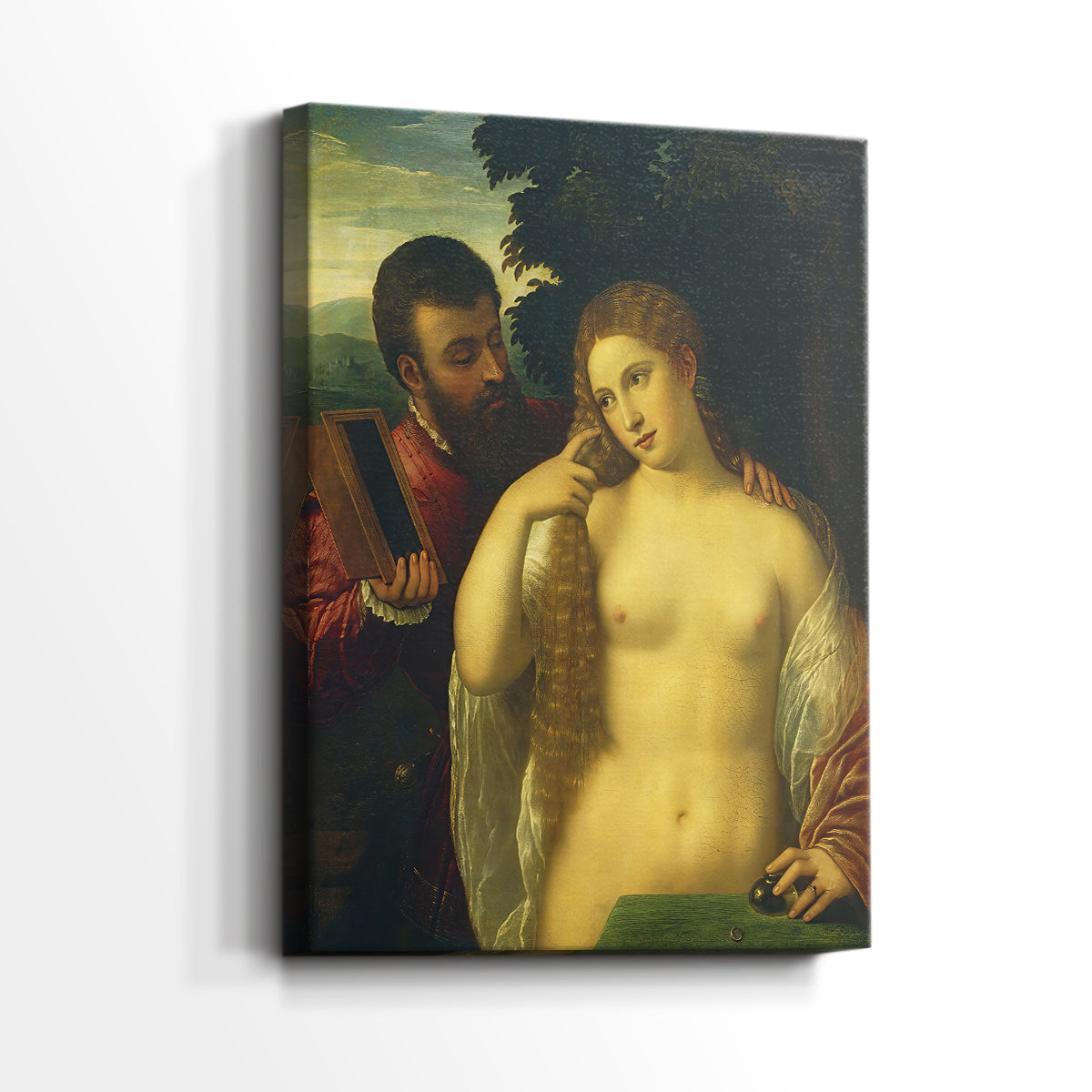 Side view of a canvas art print of a symbolic scene with warm color and soft shading, showing gallery-wrapped depth.
