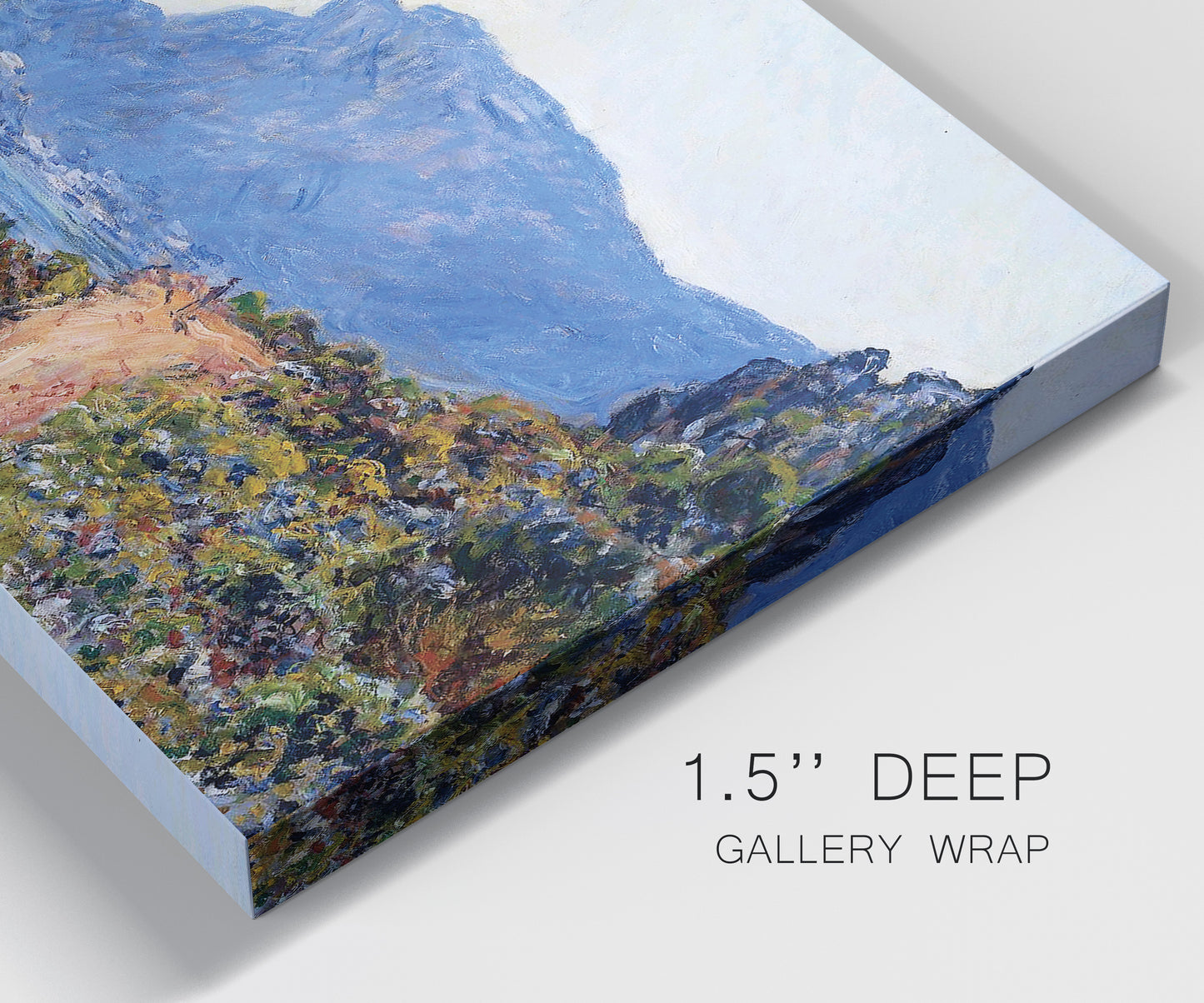 Close-up view of wrapped canvas corner featuring winding coastal road above sea.