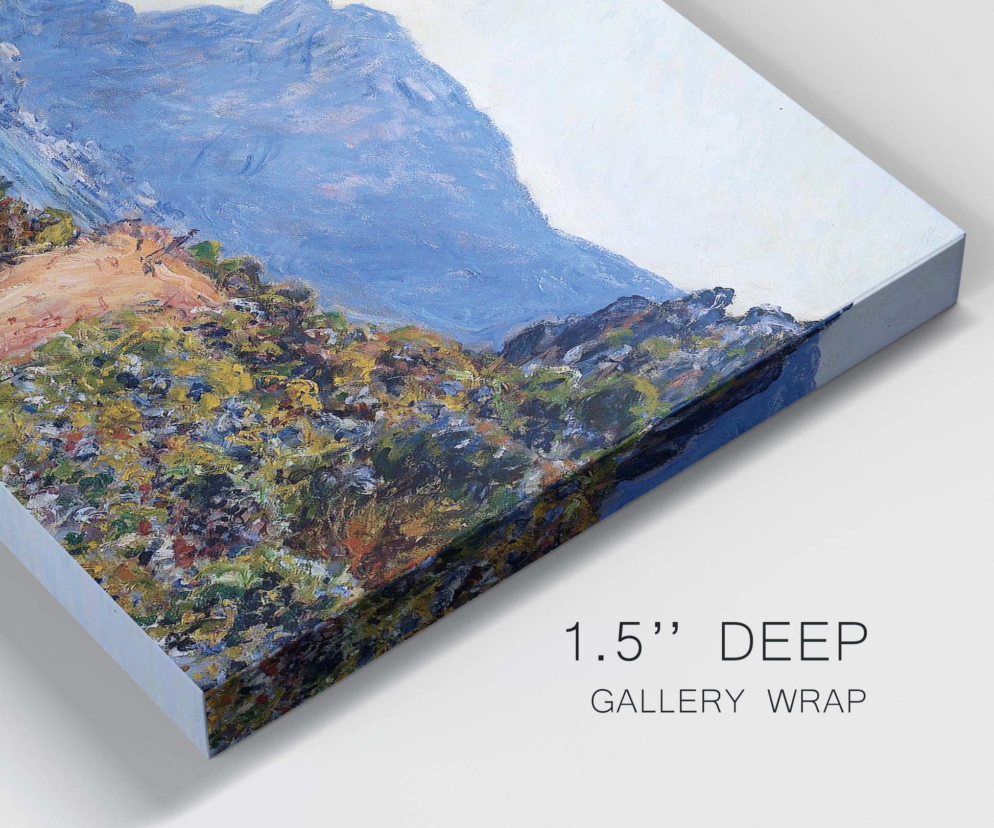 Close-up view of wrapped canvas corner featuring winding coastal road above sea.