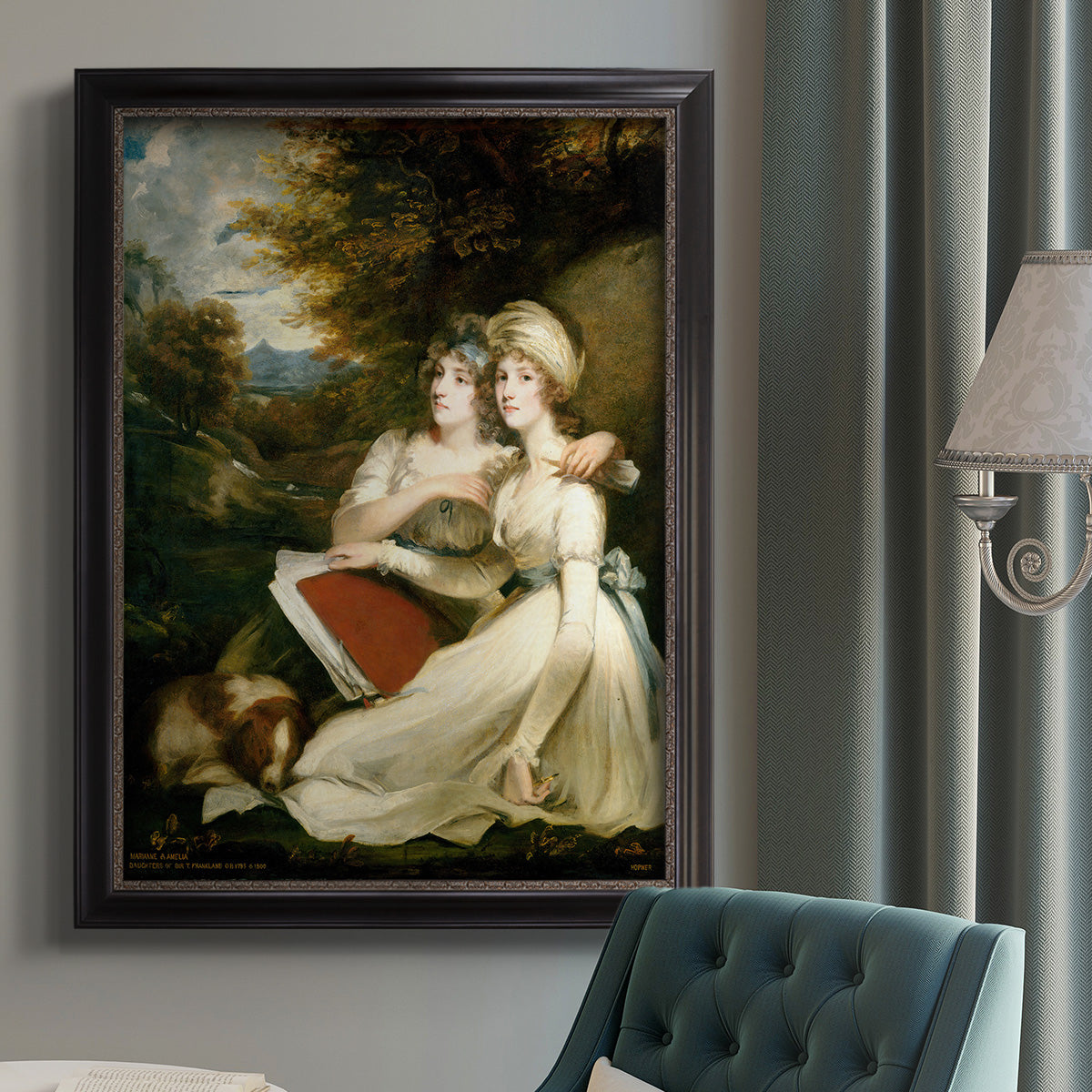 Classical portrait of the Frankland sisters by John Hoppner in an {frame_style_descriptor} displayed in a neutral interior setting.