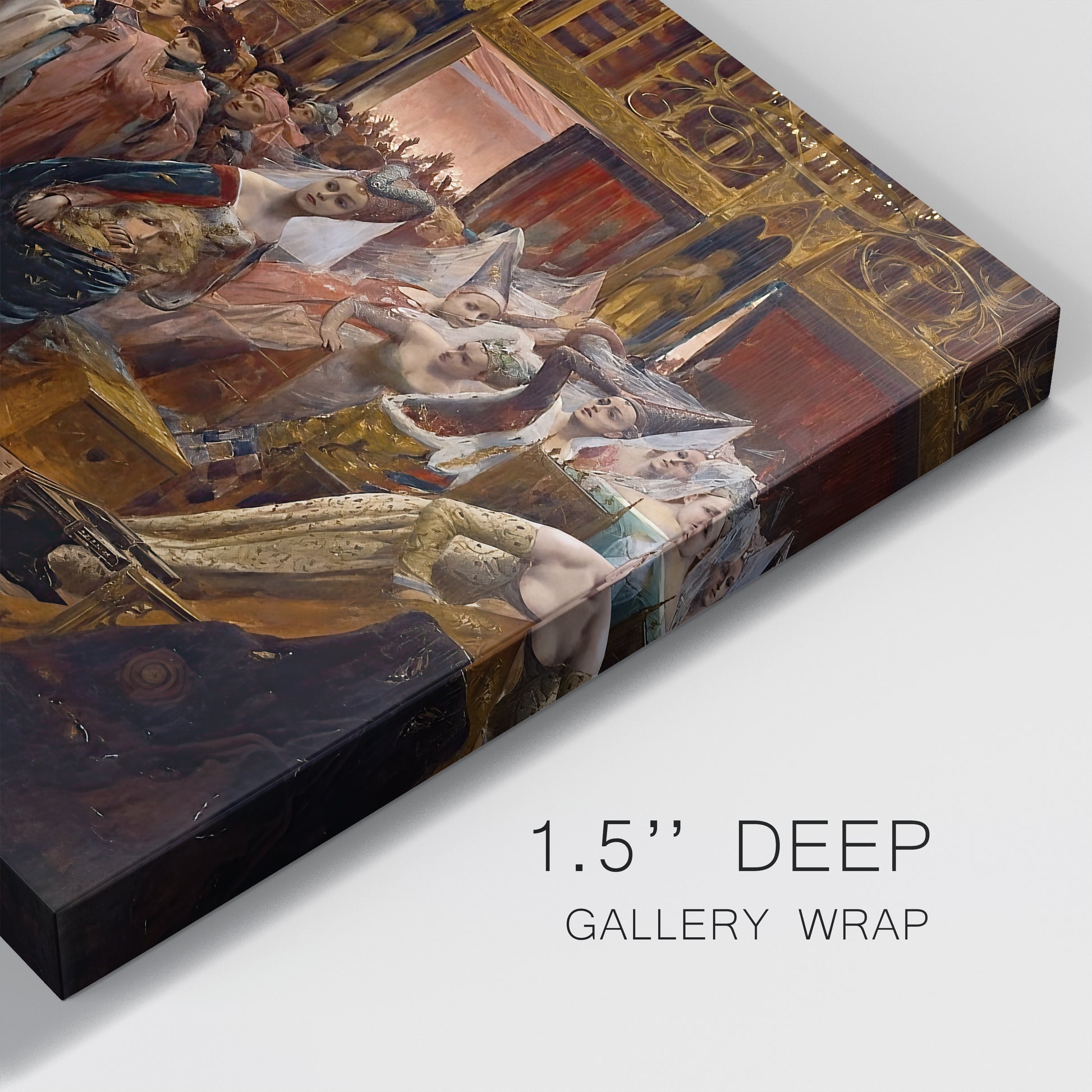 Side view of a canvas art print of a dramatic composition of a chaotic gathering in an ornate hall, showing gallery-wrapped depth.