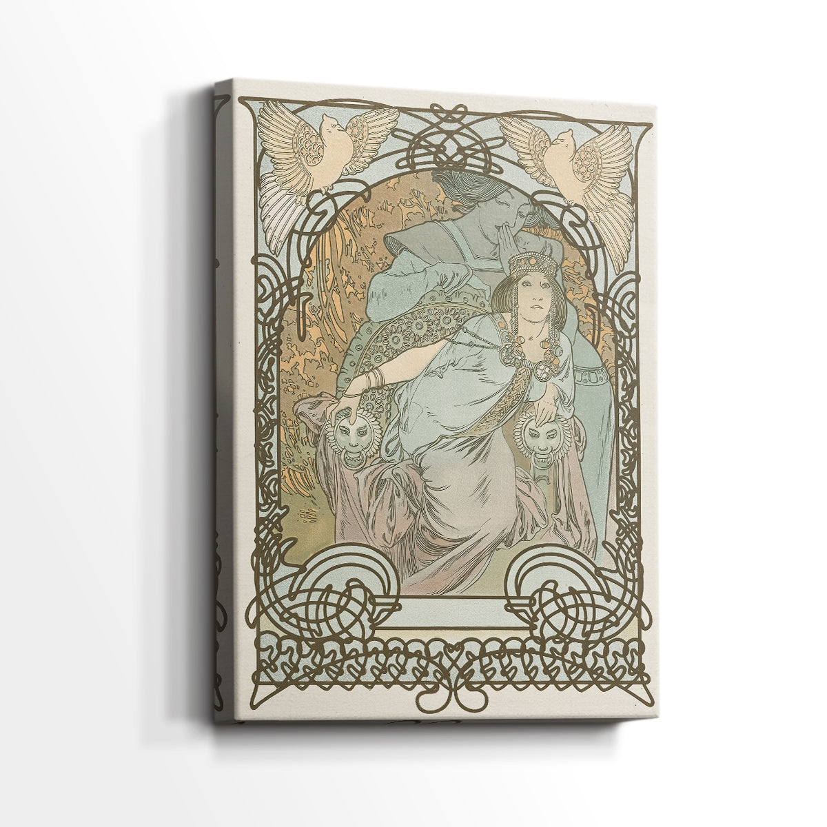 Side view of a canvas art print of a decorative portrait with elegant lines and Romantic theme, showing gallery-wrapped depth.