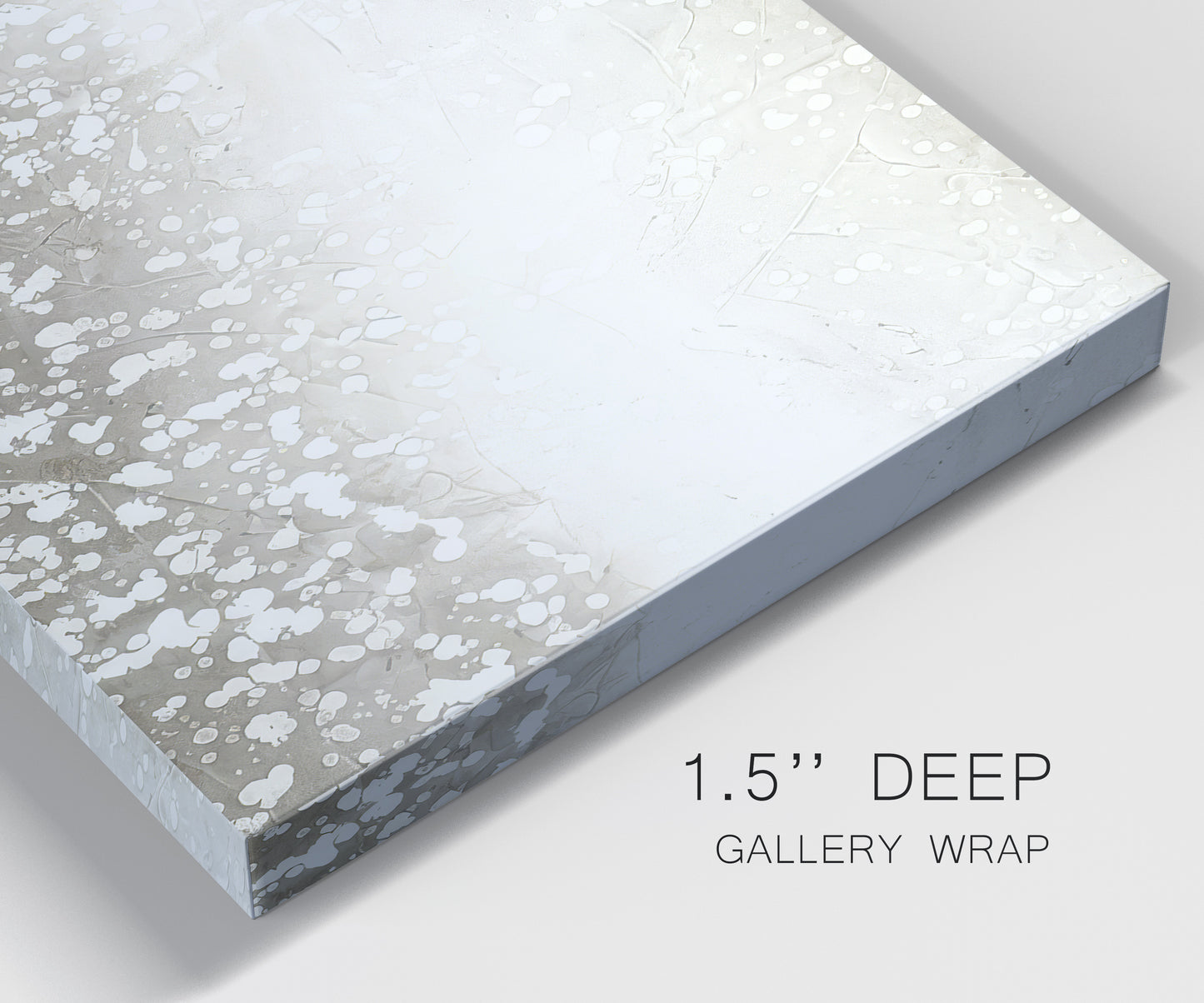 Close-up view of wrapped canvas corner featuring dark textured abstract mist.