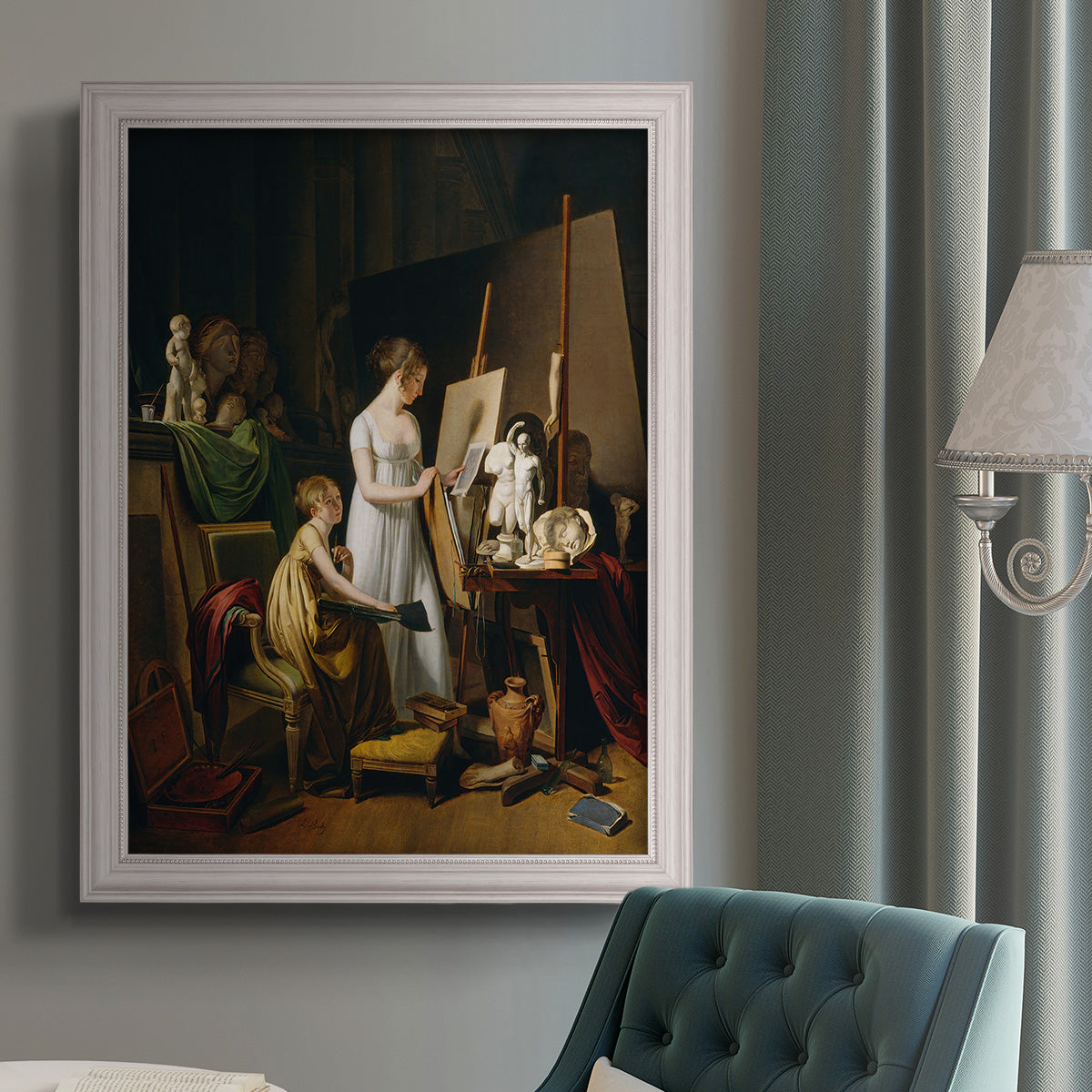 Classical interior painting of an artist at work by Louis-Leopold Boilly in an {frame_style_descriptor} displayed in a neutral interior setting.
