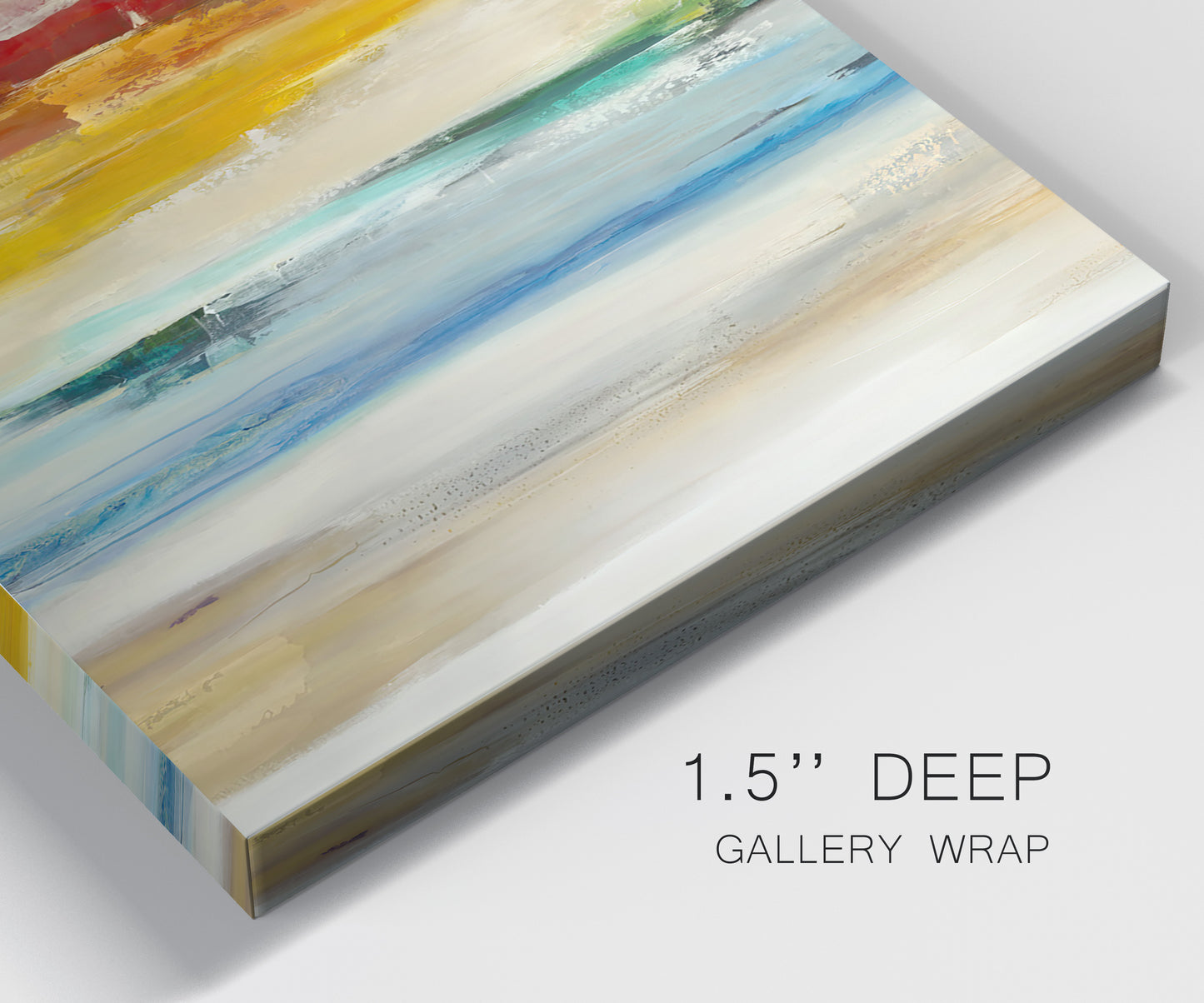 Close-up view of wrapped canvas corner featuring abstract divided color hemisphere forms.
