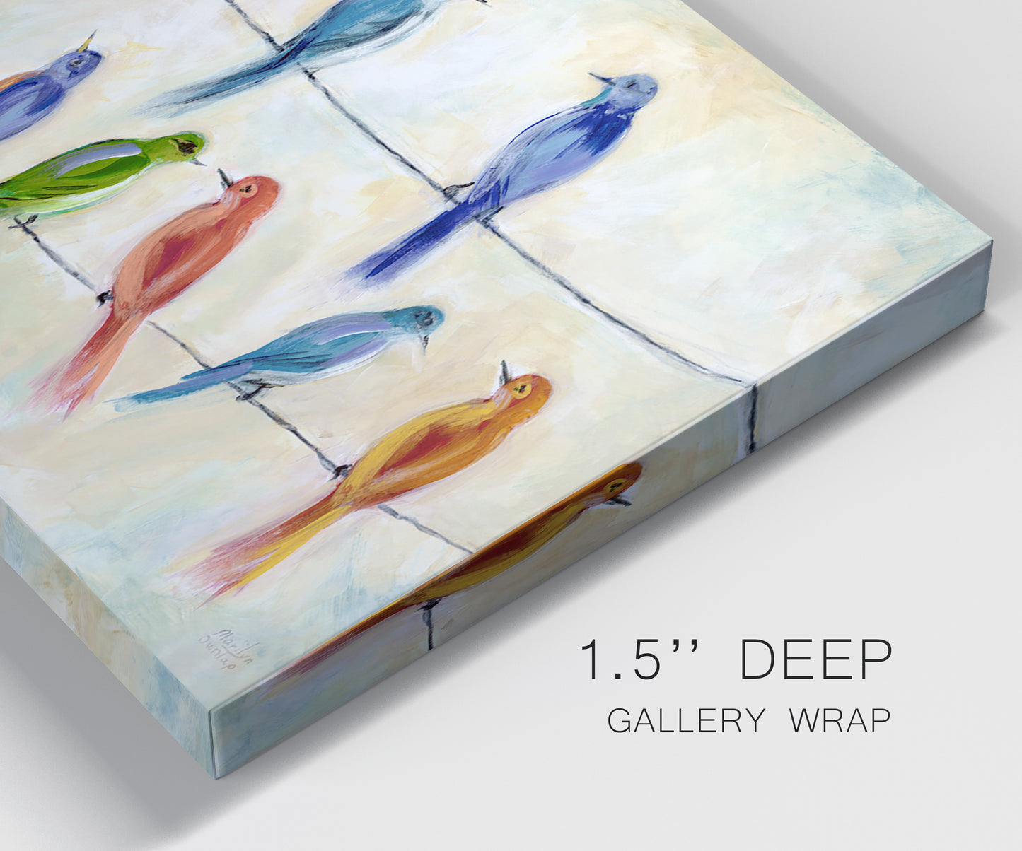 Close-up view of wrapped canvas corner featuring whimsical animal chatter illustration.