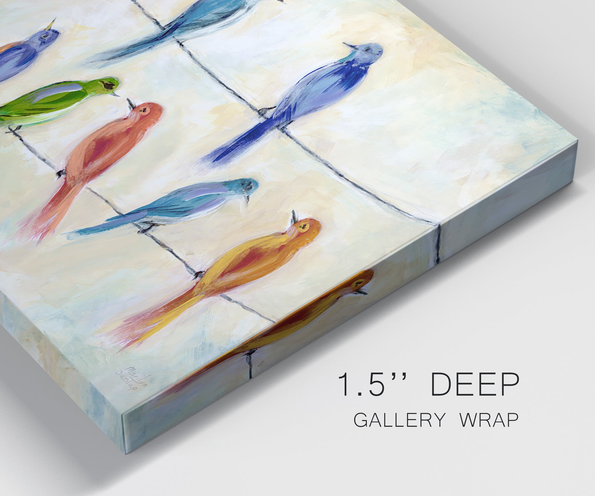 Close-up view of wrapped canvas corner featuring whimsical animal chatter illustration.