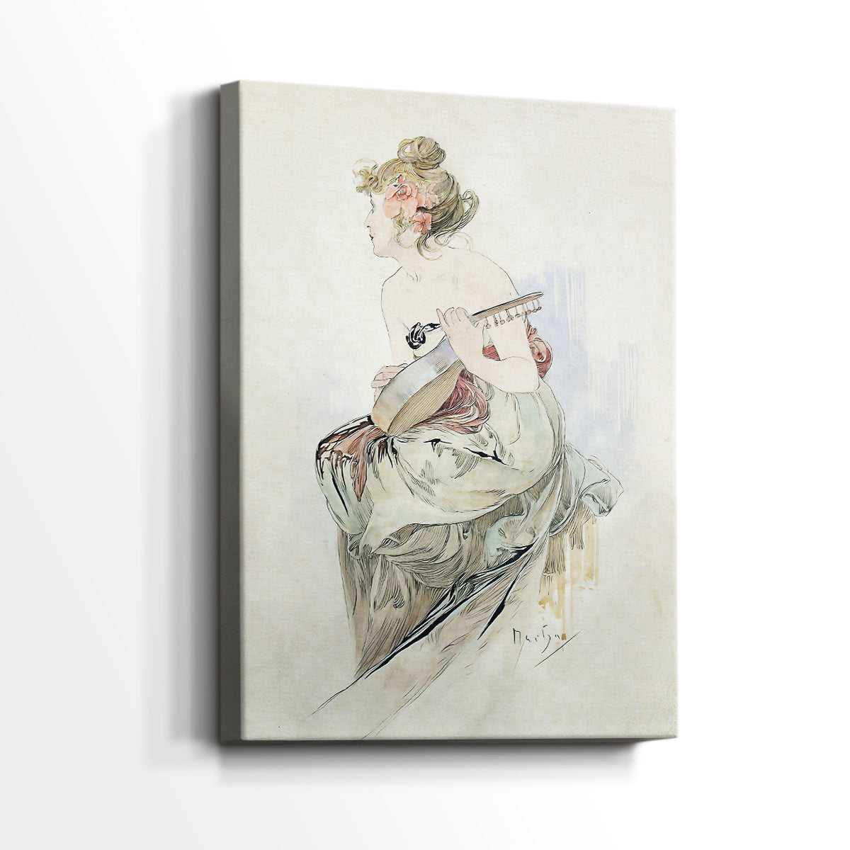 Side view of a canvas art print of a stylized figure surrounded by detailed ornamental patterns, showing gallery-wrapped depth.