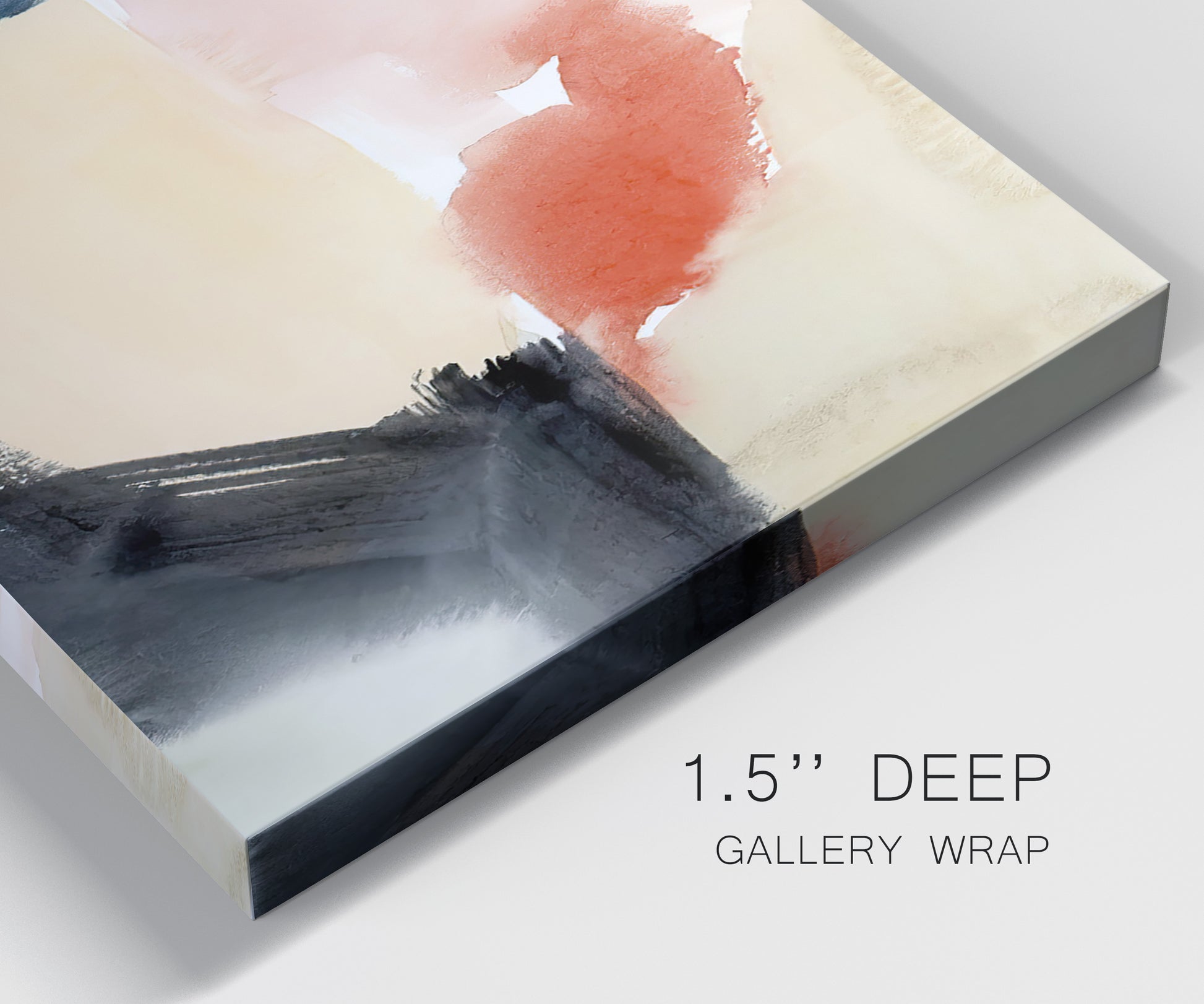 Close-up view of wrapped canvas corner featuring playful abstract watercolor shapes.