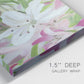 Close-up view of wrapped canvas corner featuring pink and white lilies botanical study.