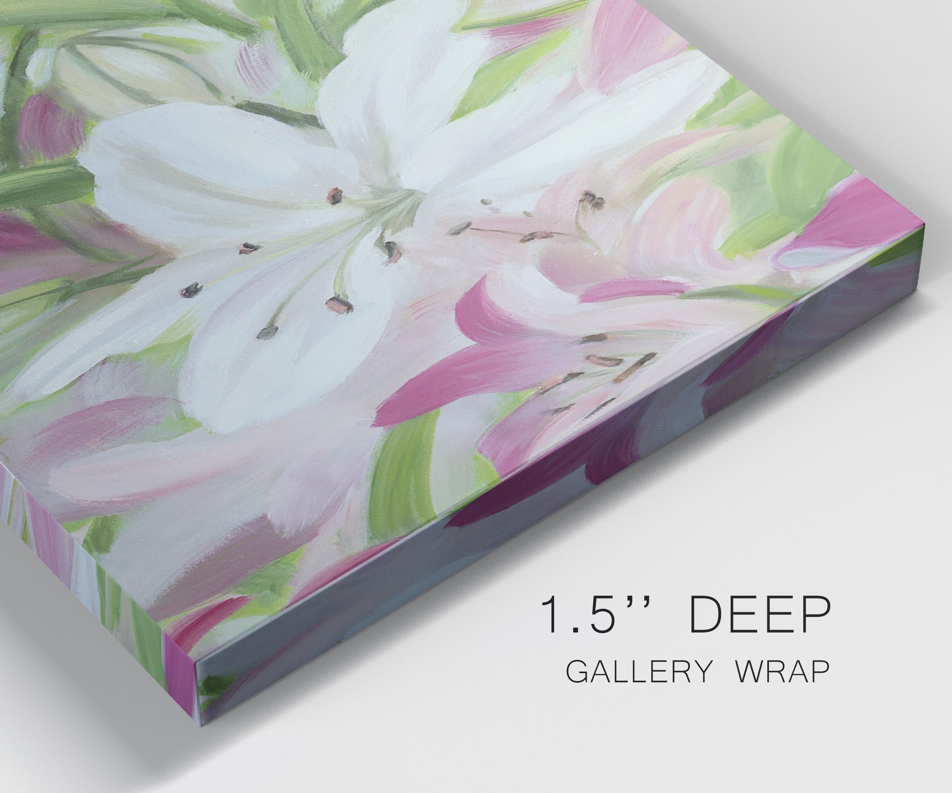 Close-up view of wrapped canvas corner featuring pink and white lilies botanical study.