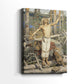 Side view of a canvas art print of a mythological scene of a man invoking a curse with strong gestures, showing gallery-wrapped depth.