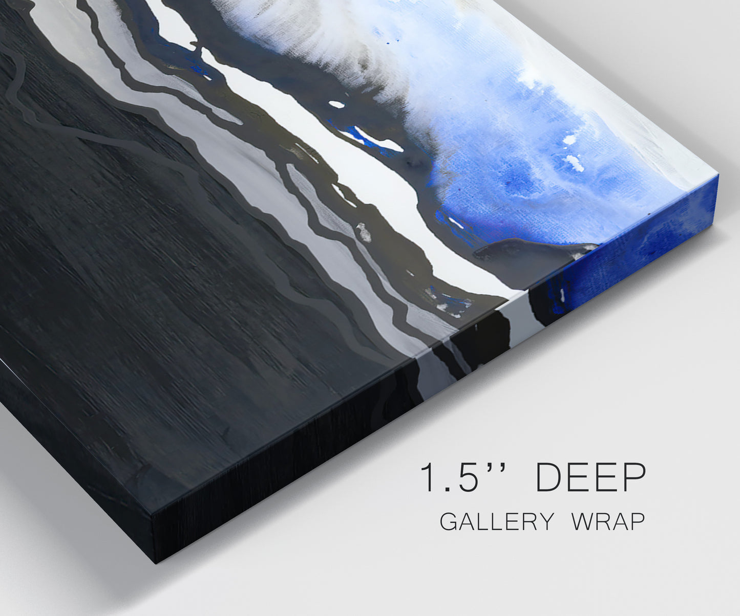 Close-up view of wrapped canvas corner featuring abstract passage of time composition.