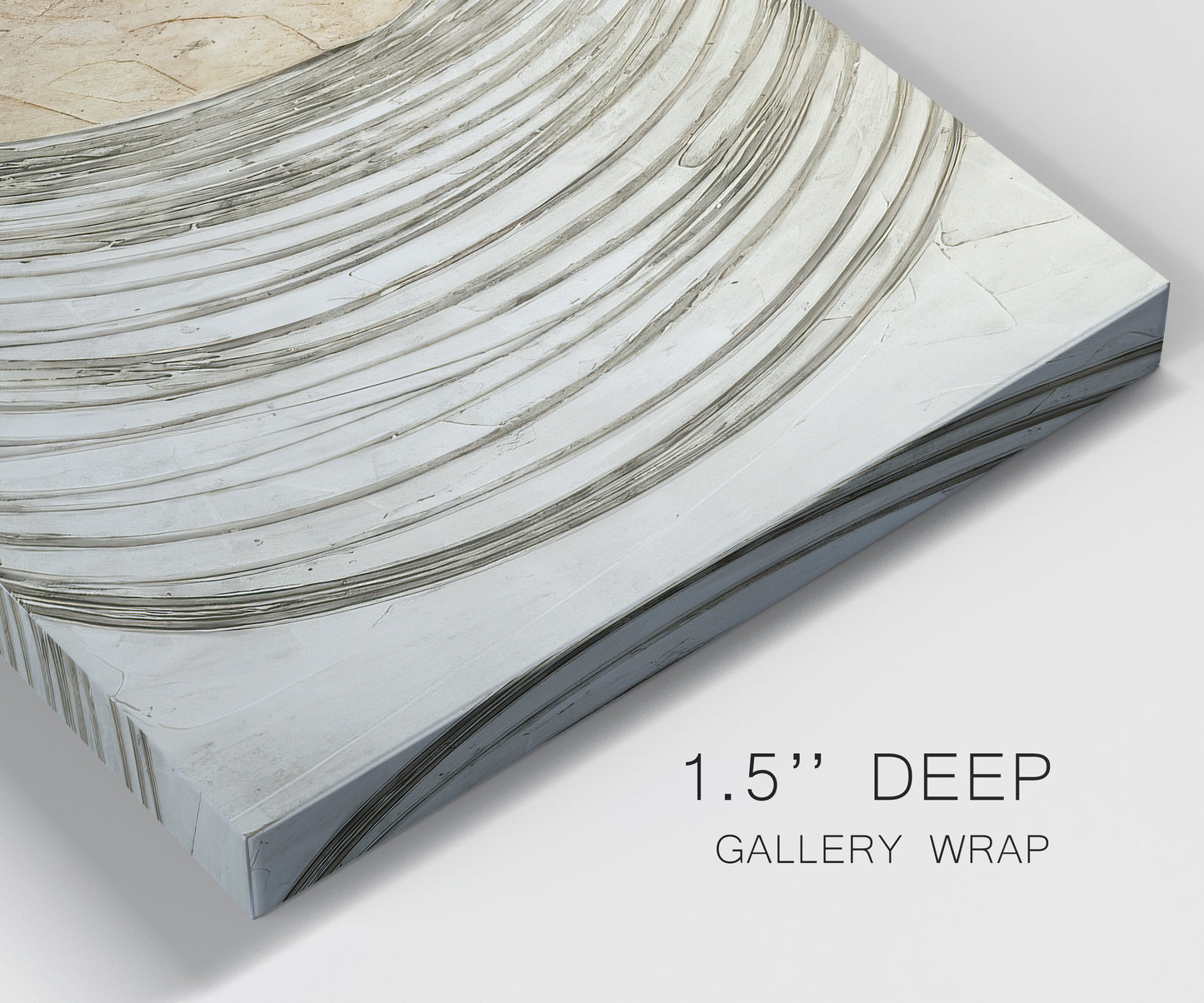Close-up view of wrapped canvas corner featuring circular abstract energy forms.