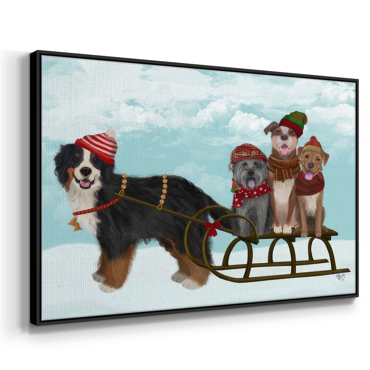 Christmas Mutt Sled - Floater Framed Canvas Print