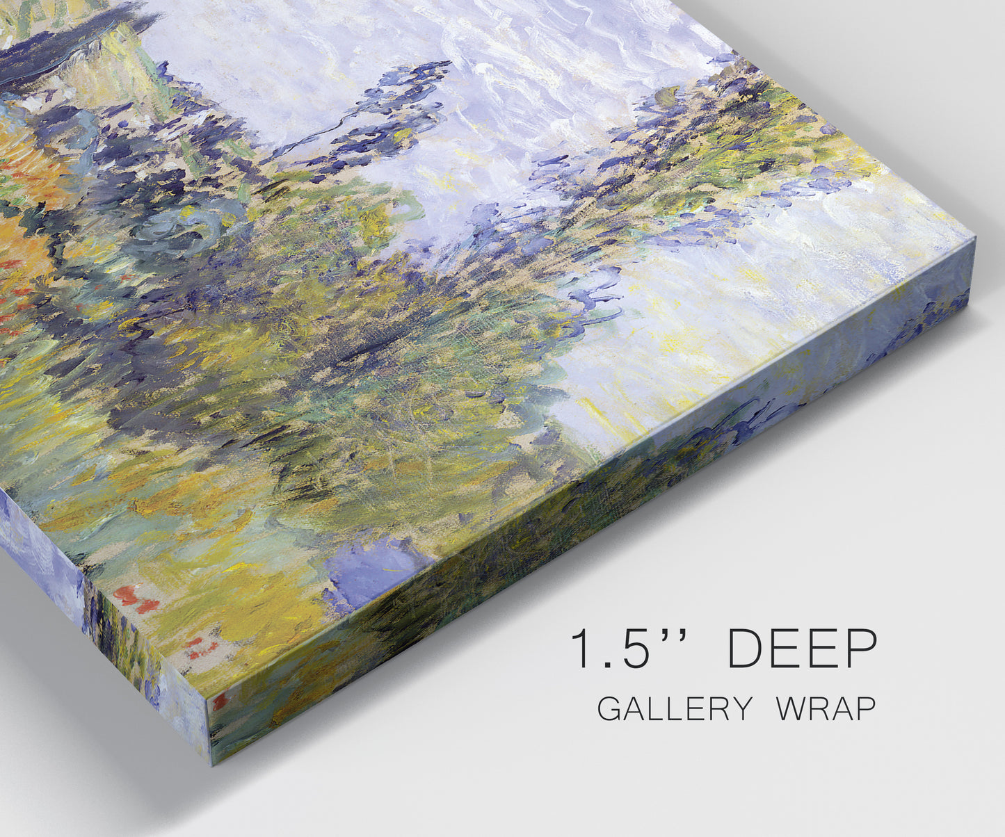 Close-up view of wrapped canvas corner featuring river village landscape with hills.
