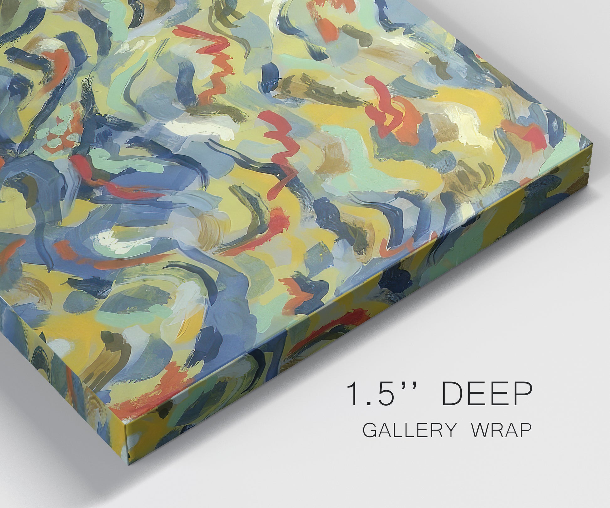 Close-up view of wrapped canvas corner featuring colorful abstract river like motion.