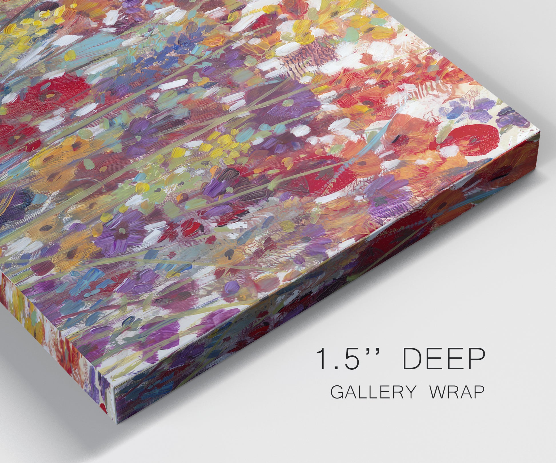 Close-up view of wrapped canvas corner featuring colorful floral arrangement.