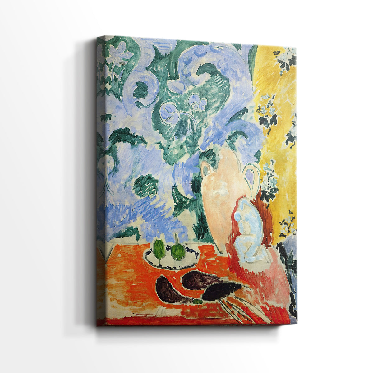 Side view of a canvas art print of a modern composition with flat color and strong contrast, showing gallery-wrapped depth.