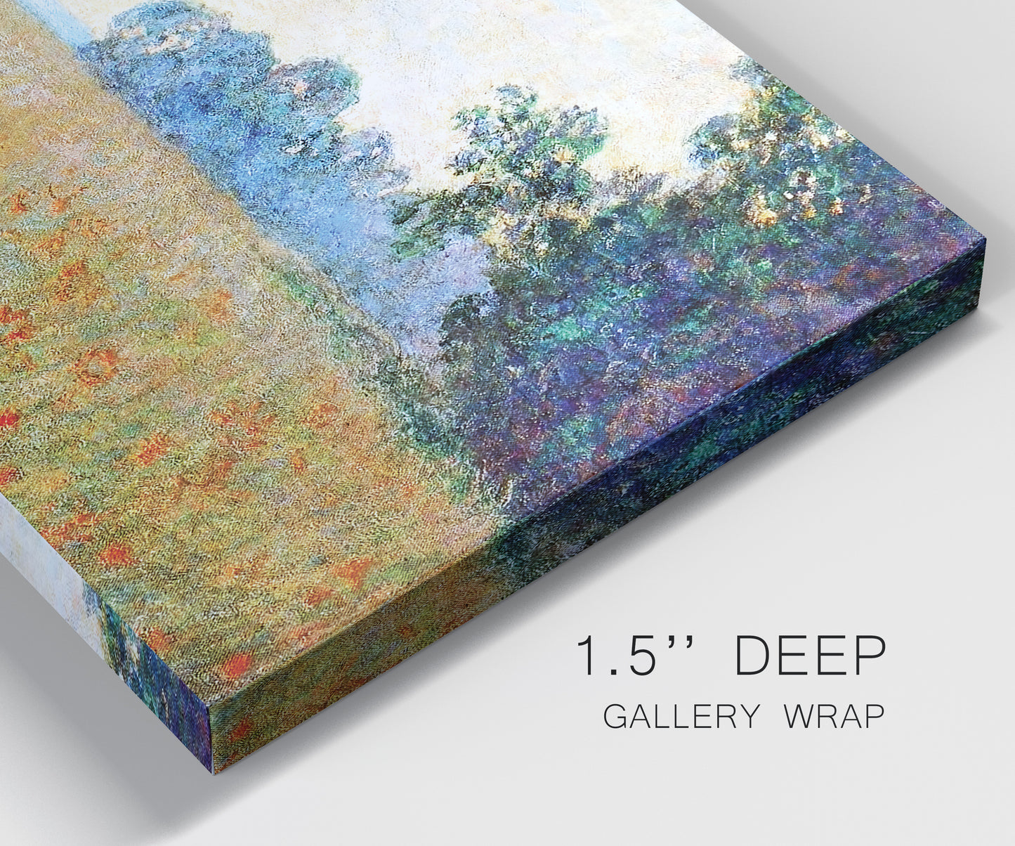 Close-up view of wrapped canvas corner featuring oat field with scattered poppies.