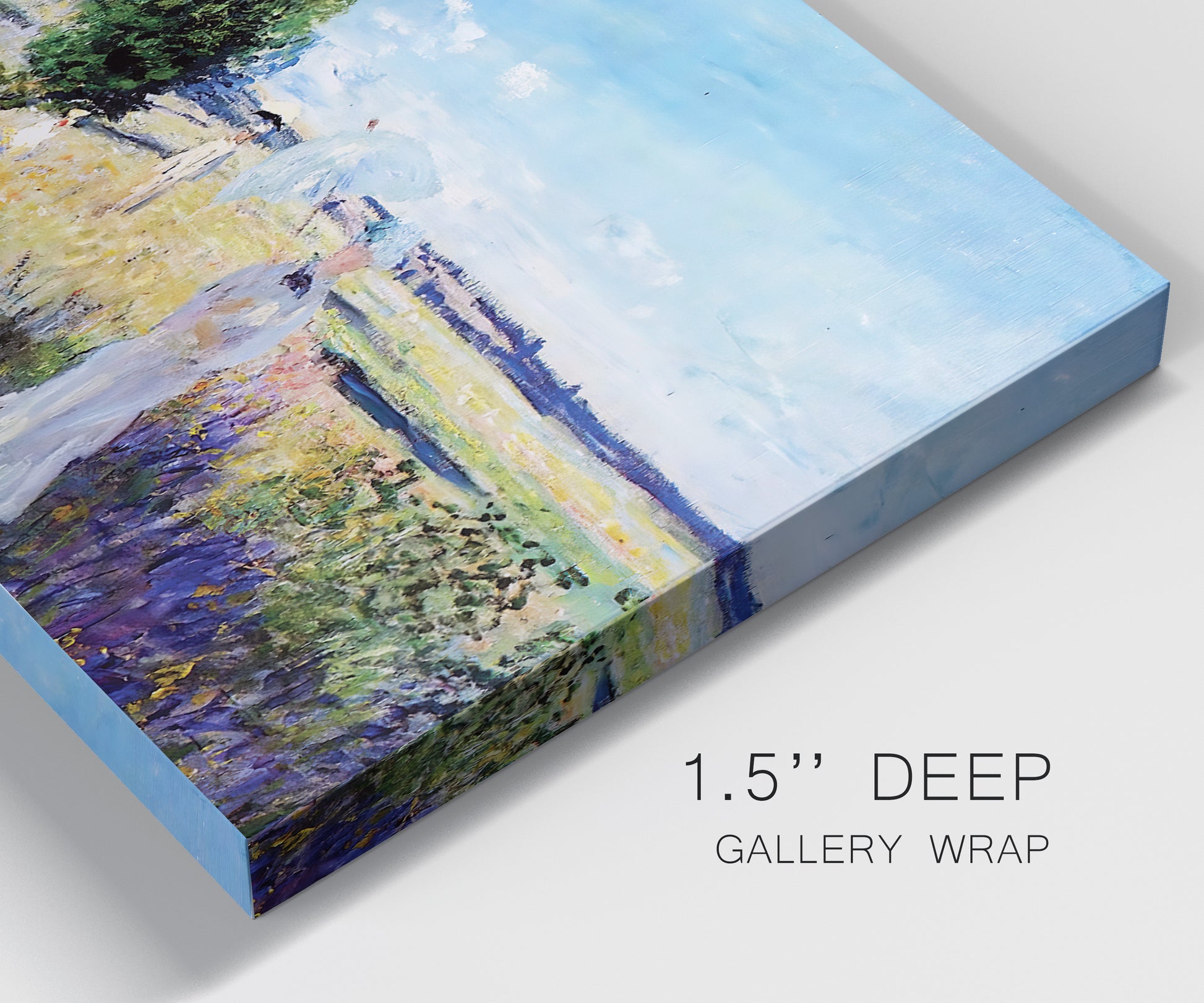 Close-up view of wrapped canvas corner featuring riverside path with figures.