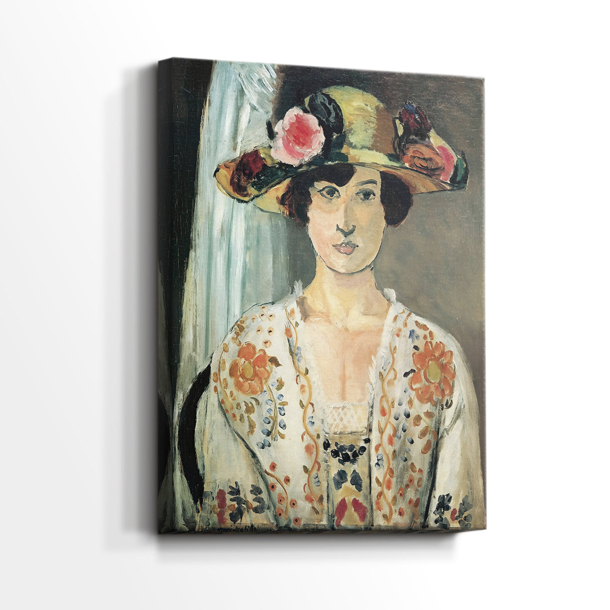 Side view of a canvas art print of a modern portrait with exaggerated color and expressive detail, showing gallery-wrapped depth.
