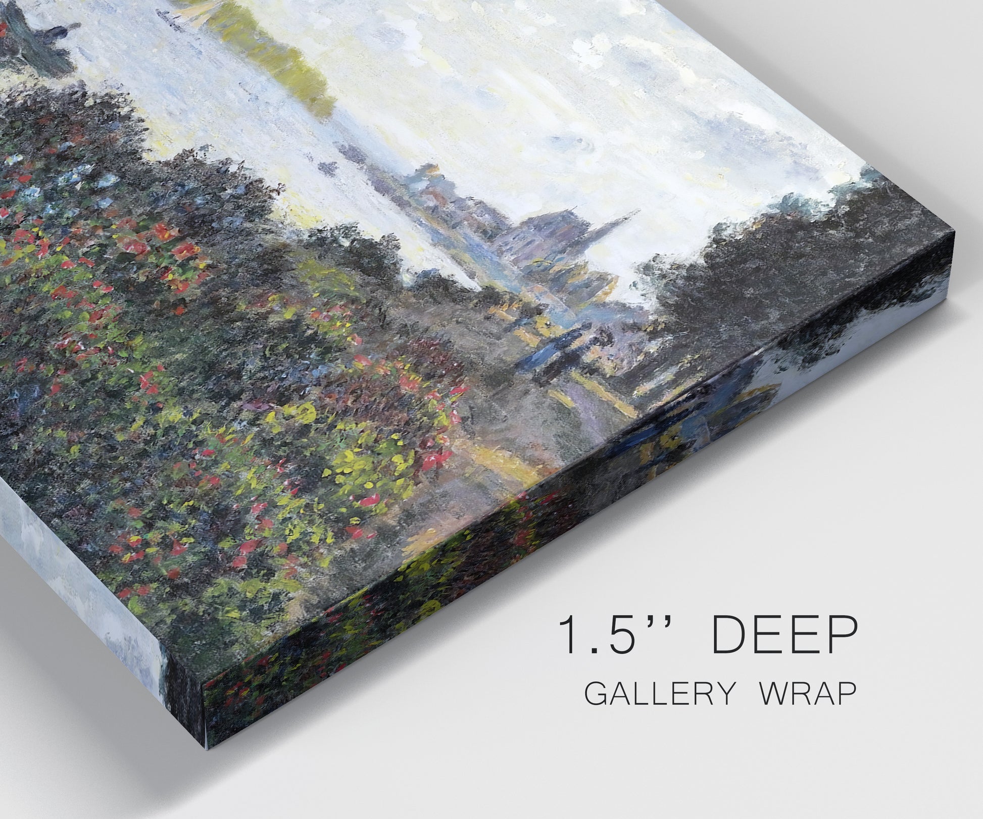 Close-up view of wrapped canvas corner featuring river with boats and shoreline.